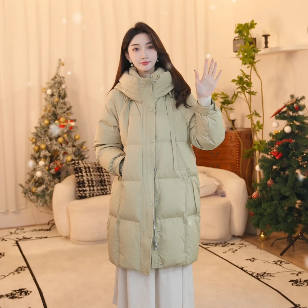 【中国好羽绒】茵曼2024冬季女装鸭绒立领连帽保暖中长宽松羽绒服