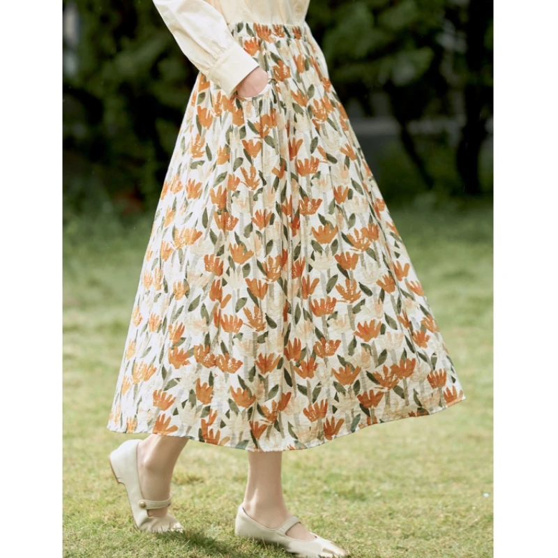 【欧若风】茵曼百搭女时尚秋季印花高腰遮胯显瘦半身裙显瘦a字长裙