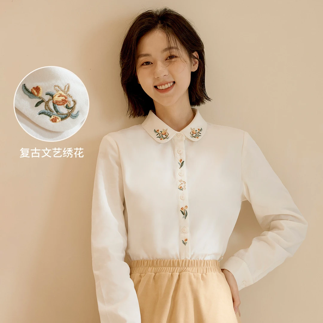 【境界】茵曼服饰绣花翻领衬衫保暖长袖别致衬衣开衫上衣K18316297