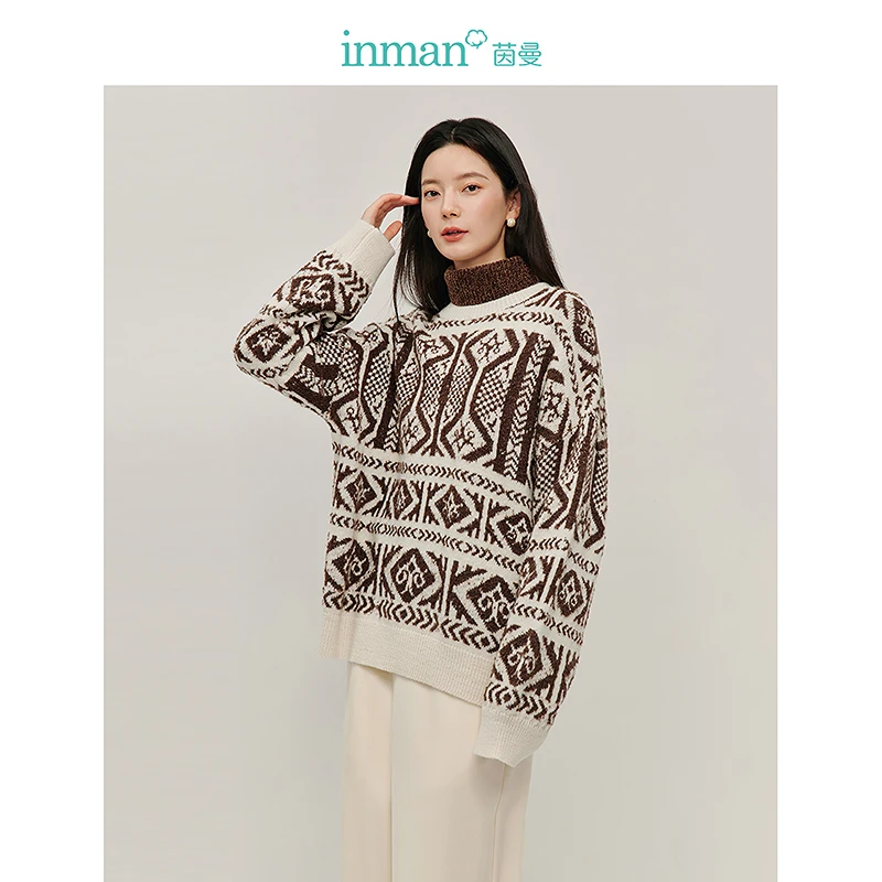 【商场同款】茵曼冬季圈圈花纱提花毛衣时尚复古宽松保暖针织衫