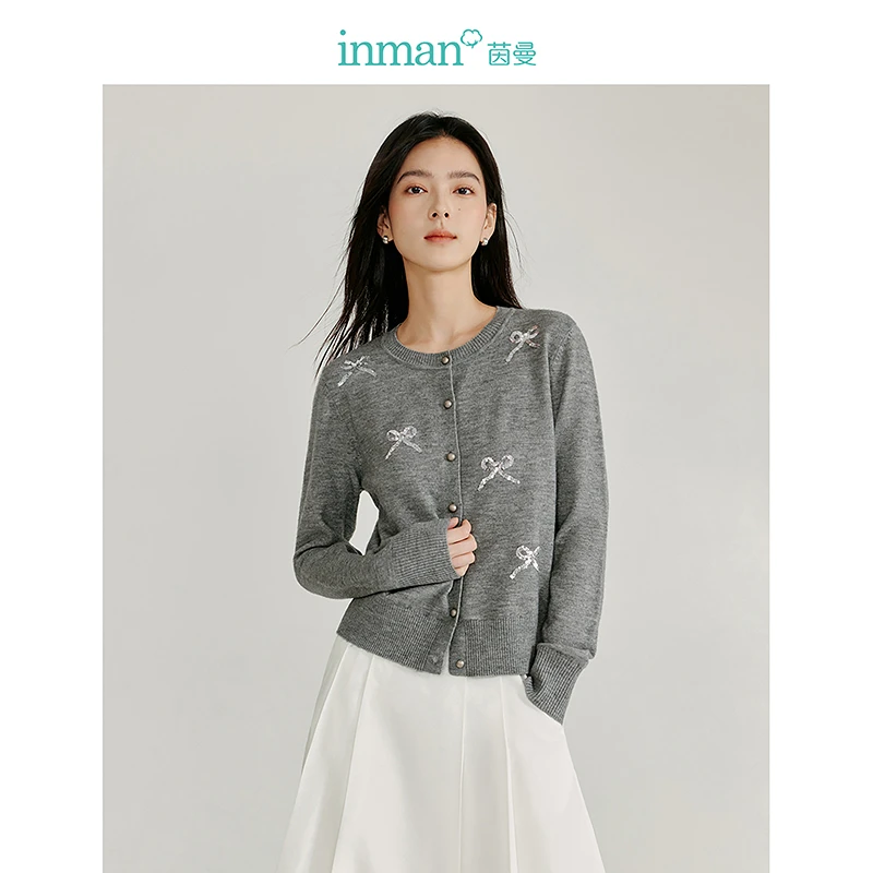 【年货穿新衣】茵曼春季蝴蝶结亮片毛衣开衫圆领短款格雷系针织外套