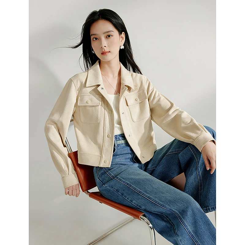 茵曼百搭翻领女短款短外套上衣保暖春秋女士工装短夹克小个子