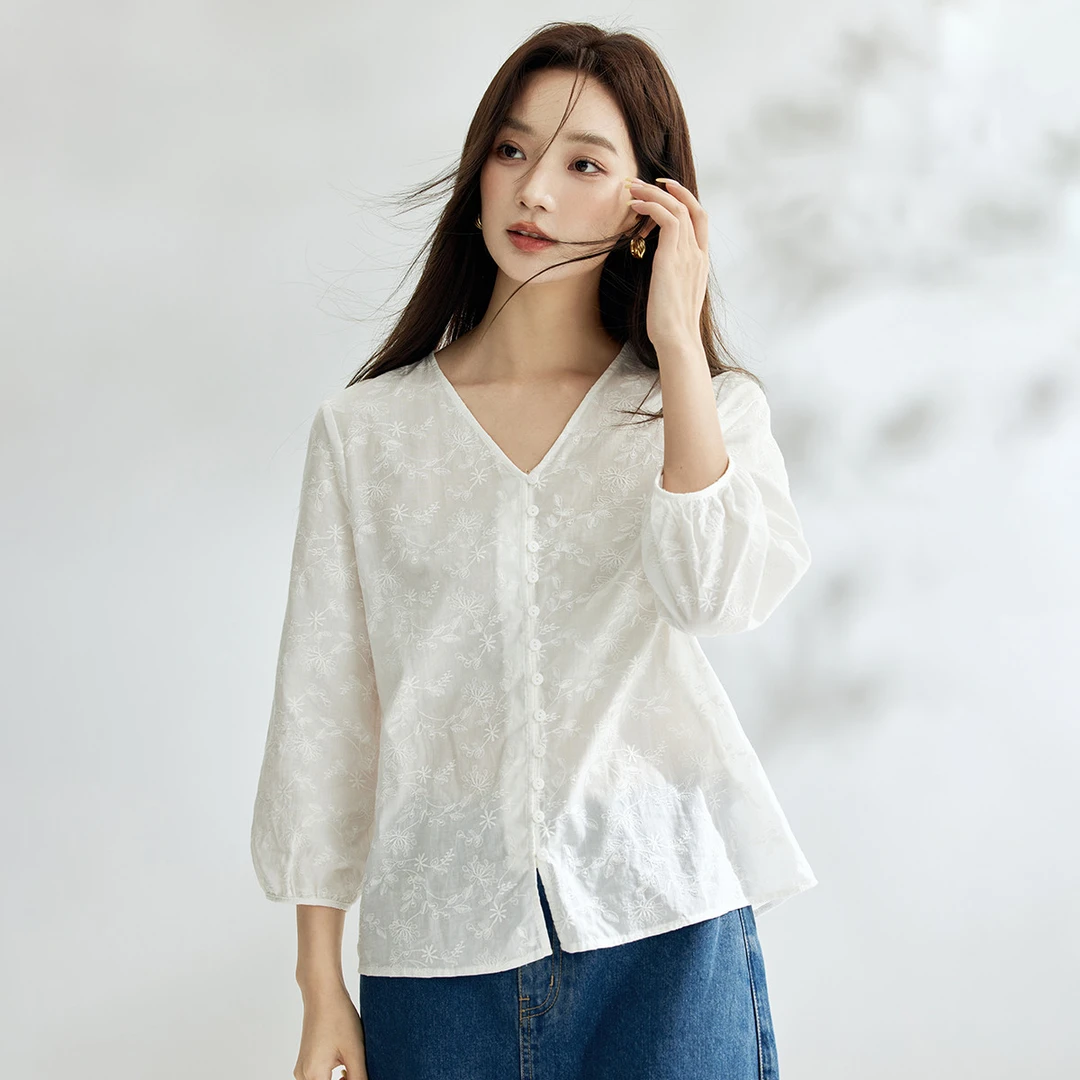 【尤莱特】茵曼秋季纯棉绣花显瘦白衬衣女气质感V领灯笼袖别致衬衫