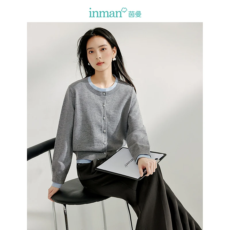 【年终狂欢季】茵曼春季优雅撞色圆领拼接毛针织衫简约开衫毛衣外套