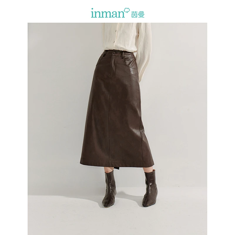 【年终狂欢季】茵曼春季复古高腰环保PU皮裙时尚小众显瘦开衩叠穿长