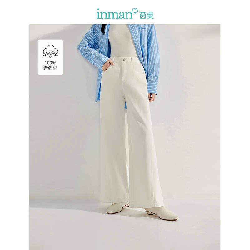 茵曼2025春秋新款女牛仔裤裤子直筒长裤腿白色高腰百搭休闲刺绣