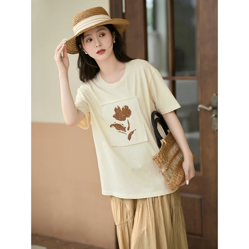 【99元3件】茵曼休闲短袖T恤女2023年夏季宽松印花显瘦圆领纯棉上衣