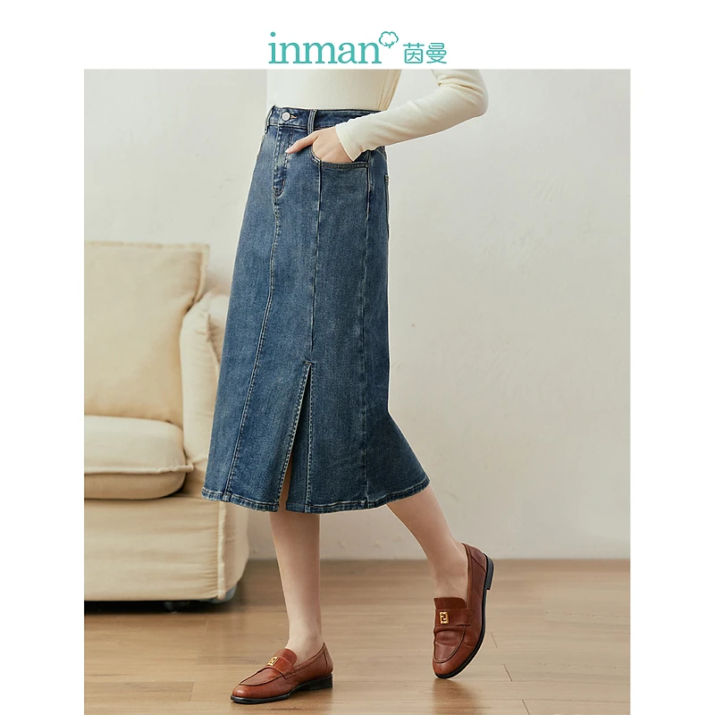 【商场同款】茵曼开叉牛仔半身裙冬季女装新款抓毛中长款裙子显瘦裙