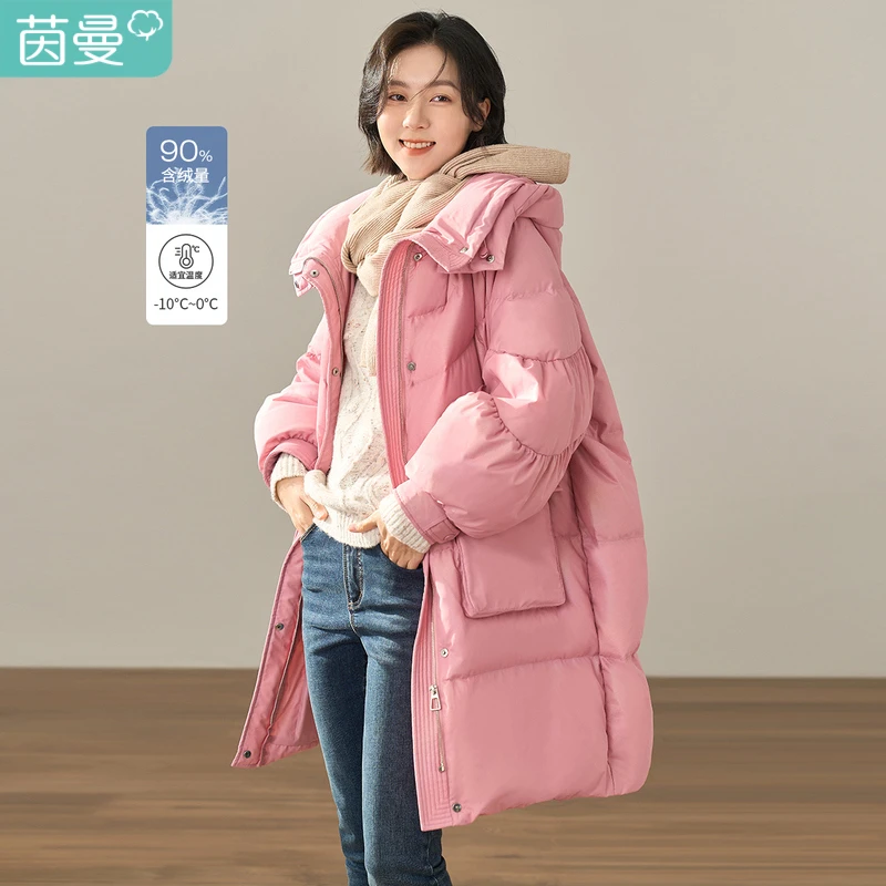 【新年穿搭】茵曼2022冬女装新款休闲连帽百搭宽松鸭绒长款羽绒服