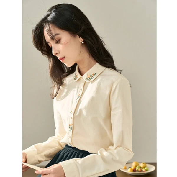 茵曼2023春秋打底白色纯棉气质衬衣时尚翻领休闲长袖衬衫保暖上衣