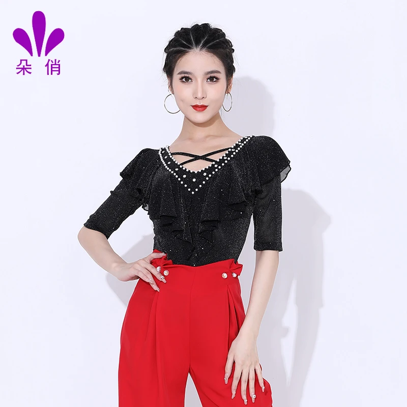朵俏拉丁舞服夏季新款舞蹈服上衣女中袖国标舞专业高级舞衣演出服