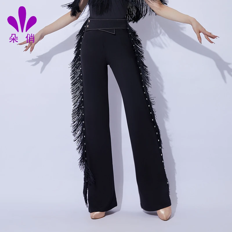 朵俏拉丁舞服舞蹈练功服长裤女成人专业演出服夏季新款流苏直筒裤