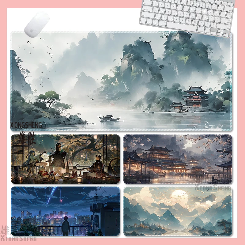国风山水鼠标垫超大号男生游戏电竞专用笔记本电脑键盘垫办公桌垫