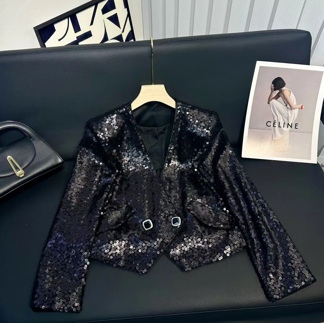 秋冬新款重工轻奢设计感亮片开叉短款外套 8613