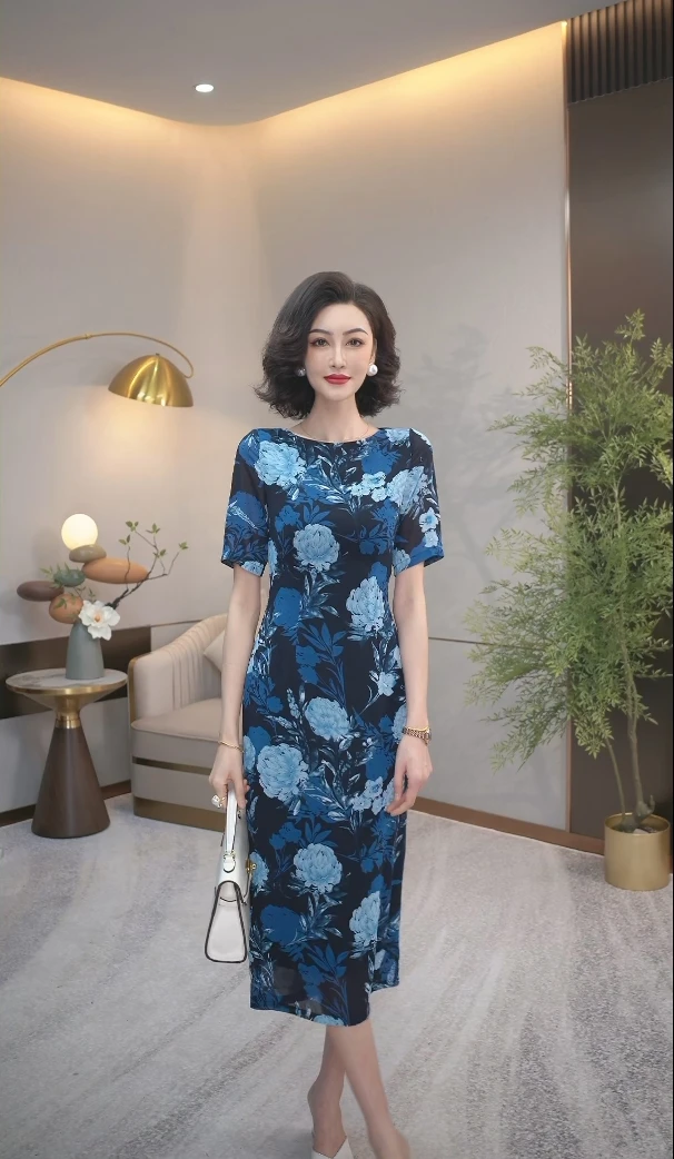 2025夏季｛牡丹·花青国色｝莱赛尔天丝乔其纱直筒短袖连衣裙WF1106