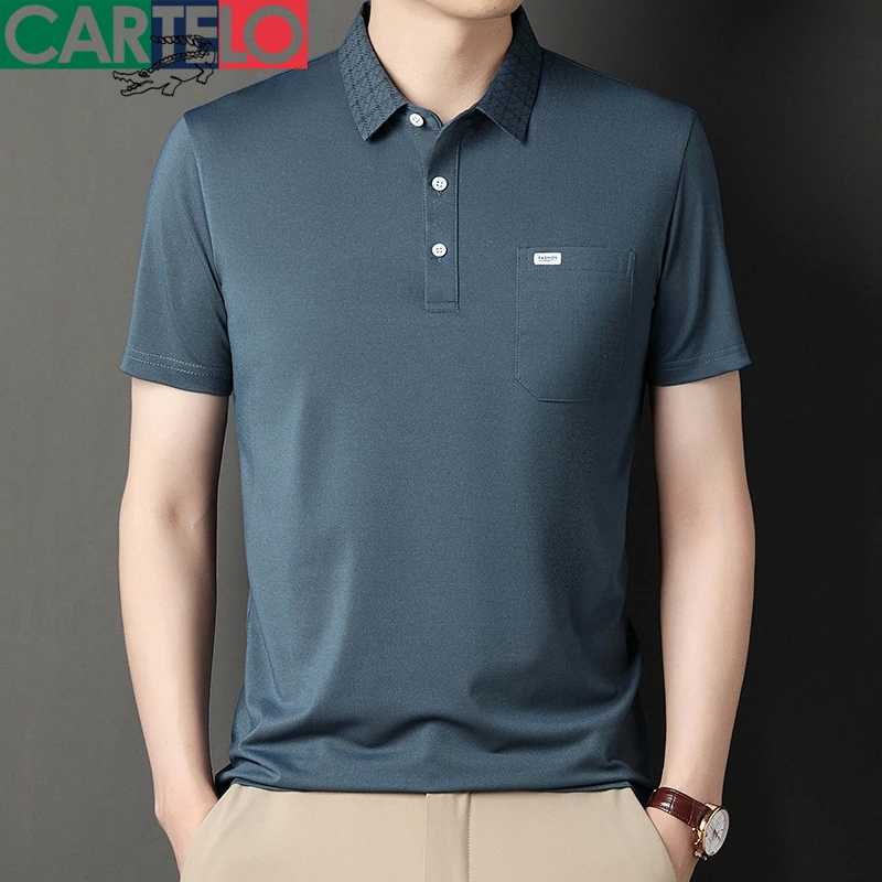 CARTELO/卡帝乐鳄鱼夏季男士真口袋冰丝短袖t恤半袖翻领POLO衫男
