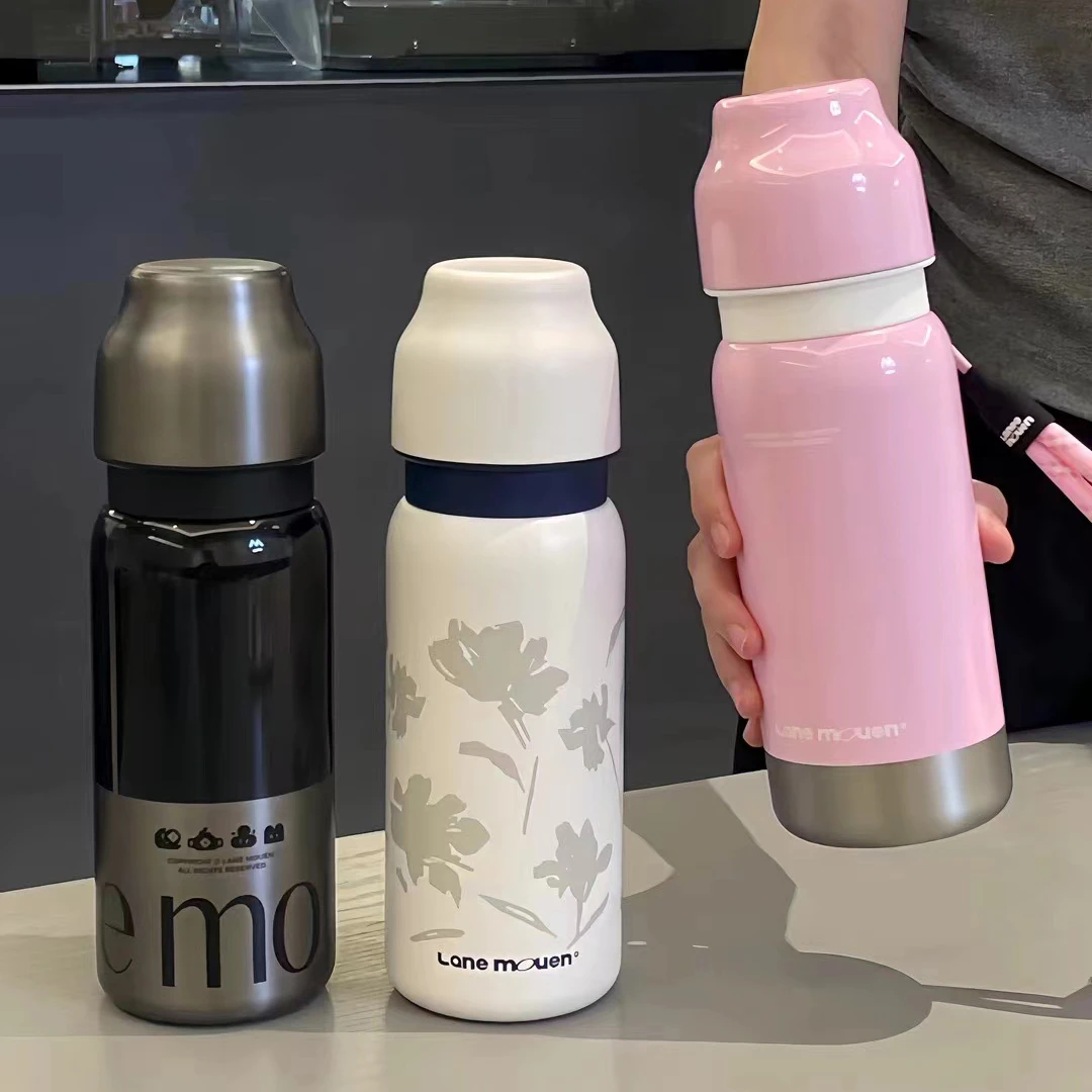 览萌保温杯女男学生高颜值大容量不锈钢简约便携双盖水杯礼物杯子