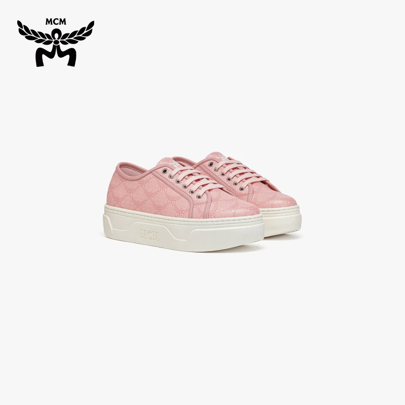 【SS24新品】MCM 女式休闲鞋粉色厚底低帮系带经典印花女士板鞋百搭