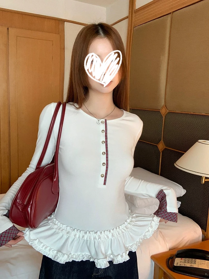 法式芭蕾花边撞色拼接修身显瘦加绒叠穿打底上衣C 8301#