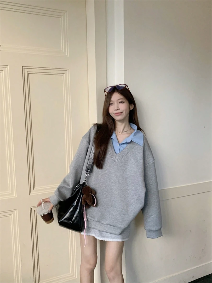 【夏日终章】拼接假两件卫衣女套头秋季休闲宽松上衣8058#