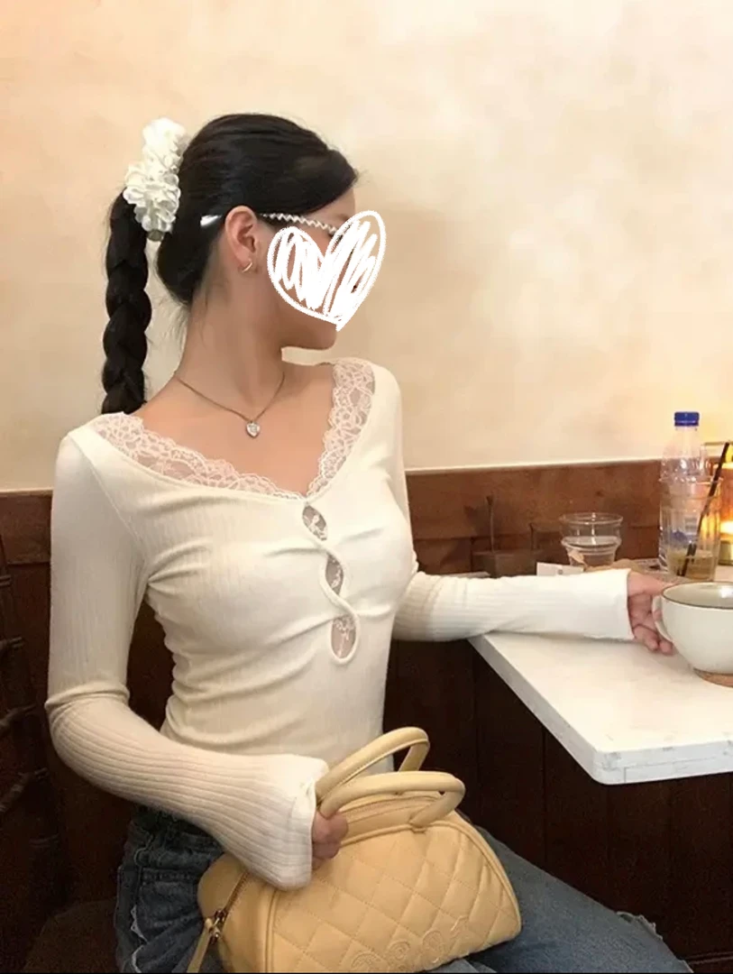 【旧梦T恤】秋季纯欲风显瘦镂空拼接蕾丝长袖T恤8123#