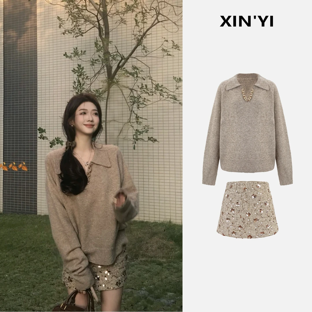 【赫尔千金】纯色简约宽松显瘦百搭休闲毛衣+小香亮片半裙L  8235#