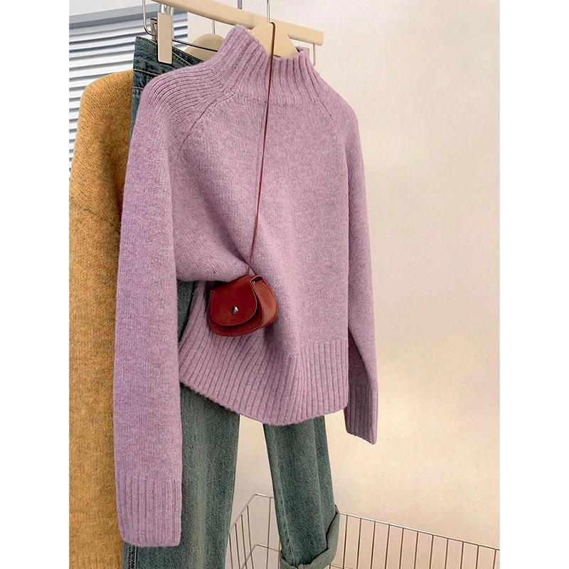 紫色半高领套头短款毛衣女秋冬2024新款慵懒风软糯打底针织衫冬季