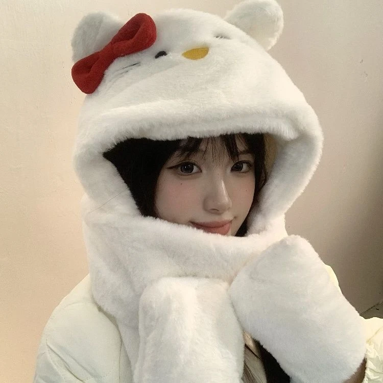 冬季可爱帕恰狗kt猫连帽围脖加厚保暖防寒帽子手套围巾一体女