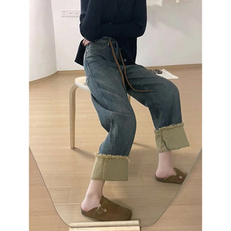 梨子大码卷边直筒牛仔裤新款梨形身材宽松显瘦高腰抽绳阔腿裤