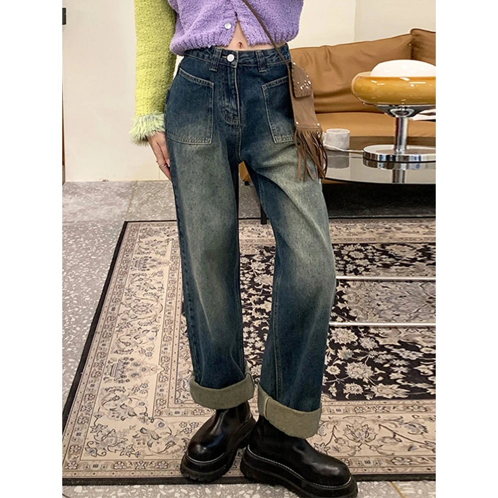 梨子大码复古直筒牛仔裤秋新款胖妹妹宽松显瘦高腰阔腿裤378331#