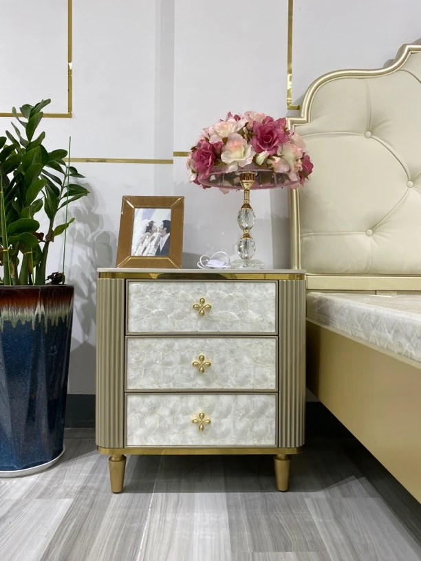 轻奢贝壳床头柜卧室奢华三斗床头柜房间整装岩面高档床头柜