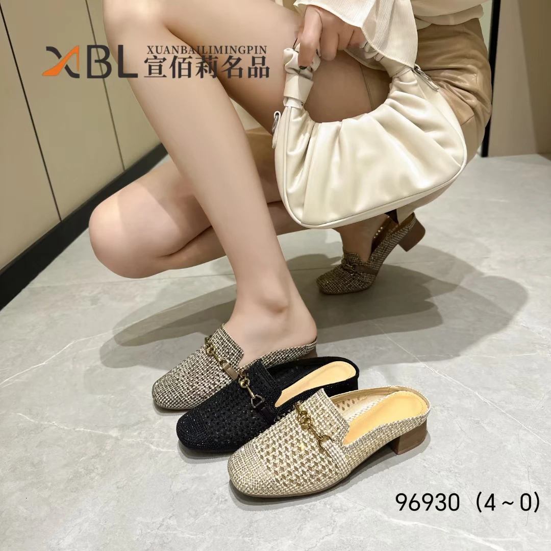 （橡胶粗跟3公分）24新品升级款特材牜网面女式舒服凉拖6930黑金色