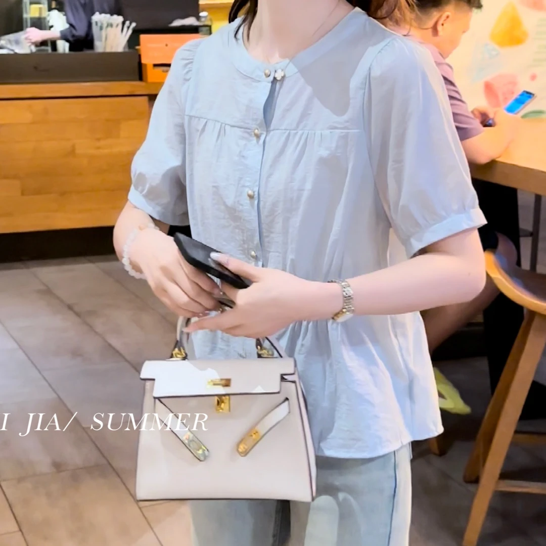 【HUIZI】夏季新款气质显瘦上衣时尚百搭圆领纯色衬衫