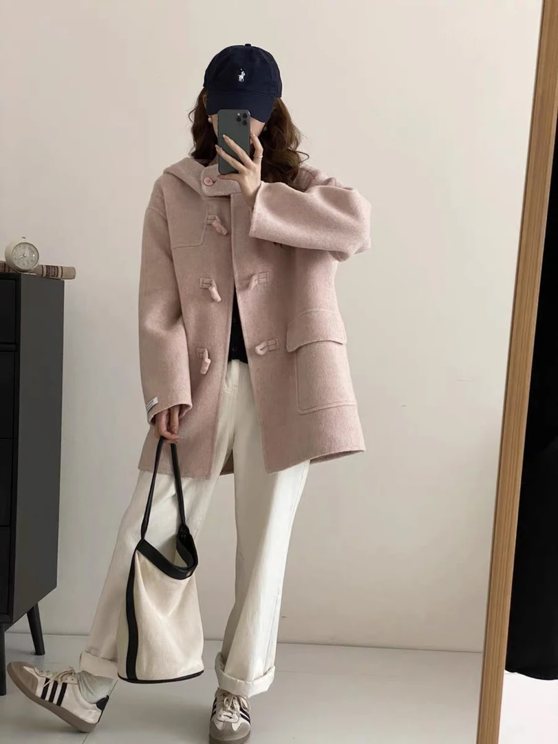 2024年春秋冬新款连帽牛角扣大衣女小个子学院韩系毛呢外套
