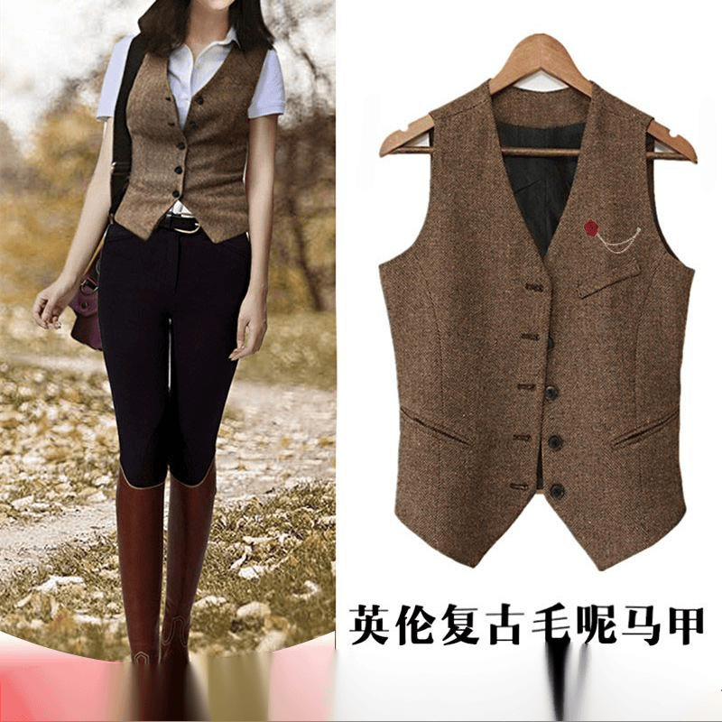 秋冬英伦风复古马甲女短款外穿百搭咖啡色人字纹混纺修身骑马马夹