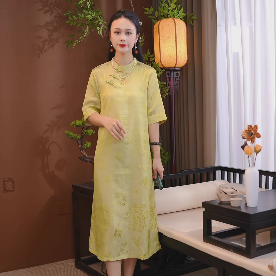 夏季款新中式复古长款中国风旗袍时尚提花优雅连衣裙女装Y6626