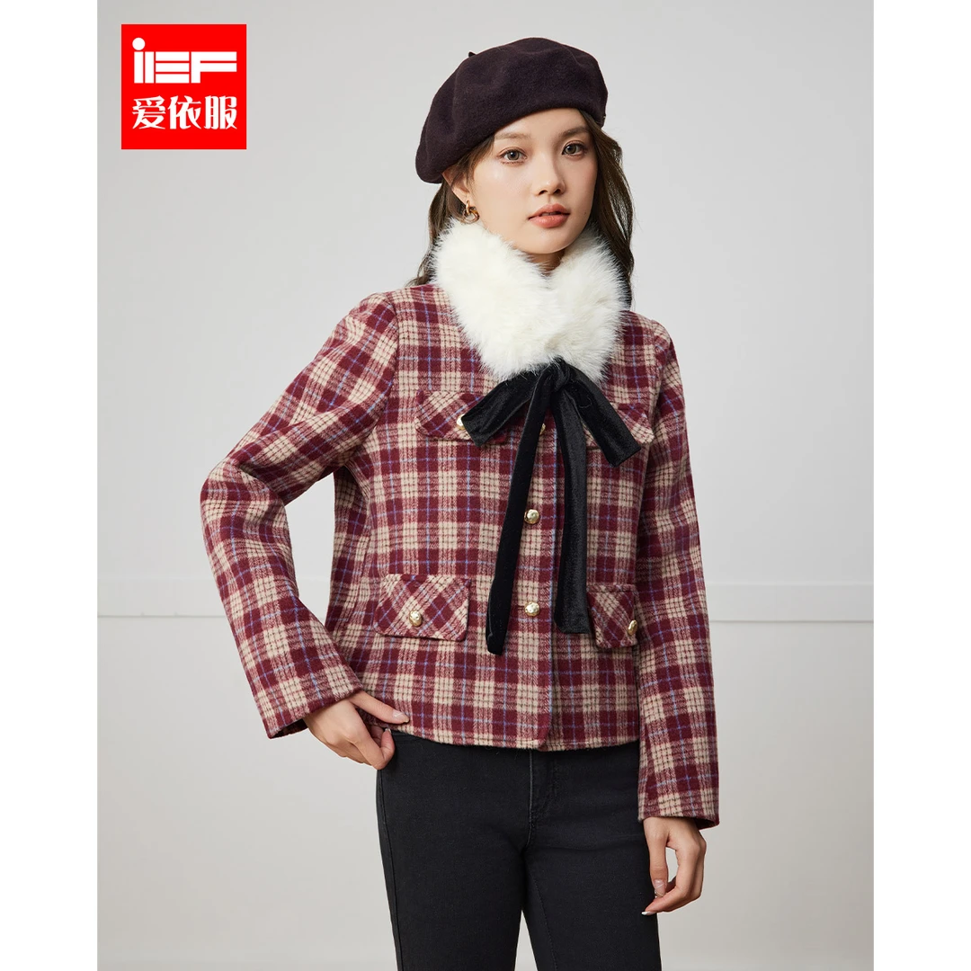 IEF/爱依服2025冬季新款法式名媛气质复古风格子设计通勤呢绒外套