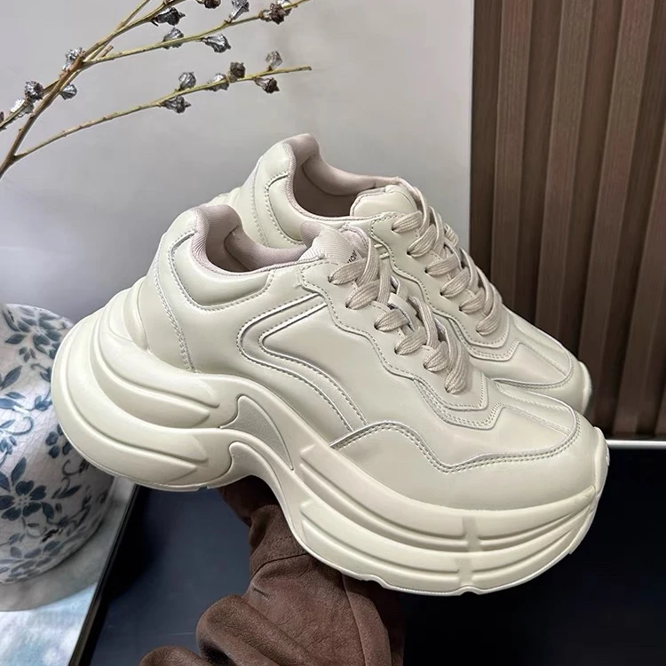 2024秋冬新款厚底增高6CM真皮老爹鞋女鞋复古百搭系带运动休闲鞋