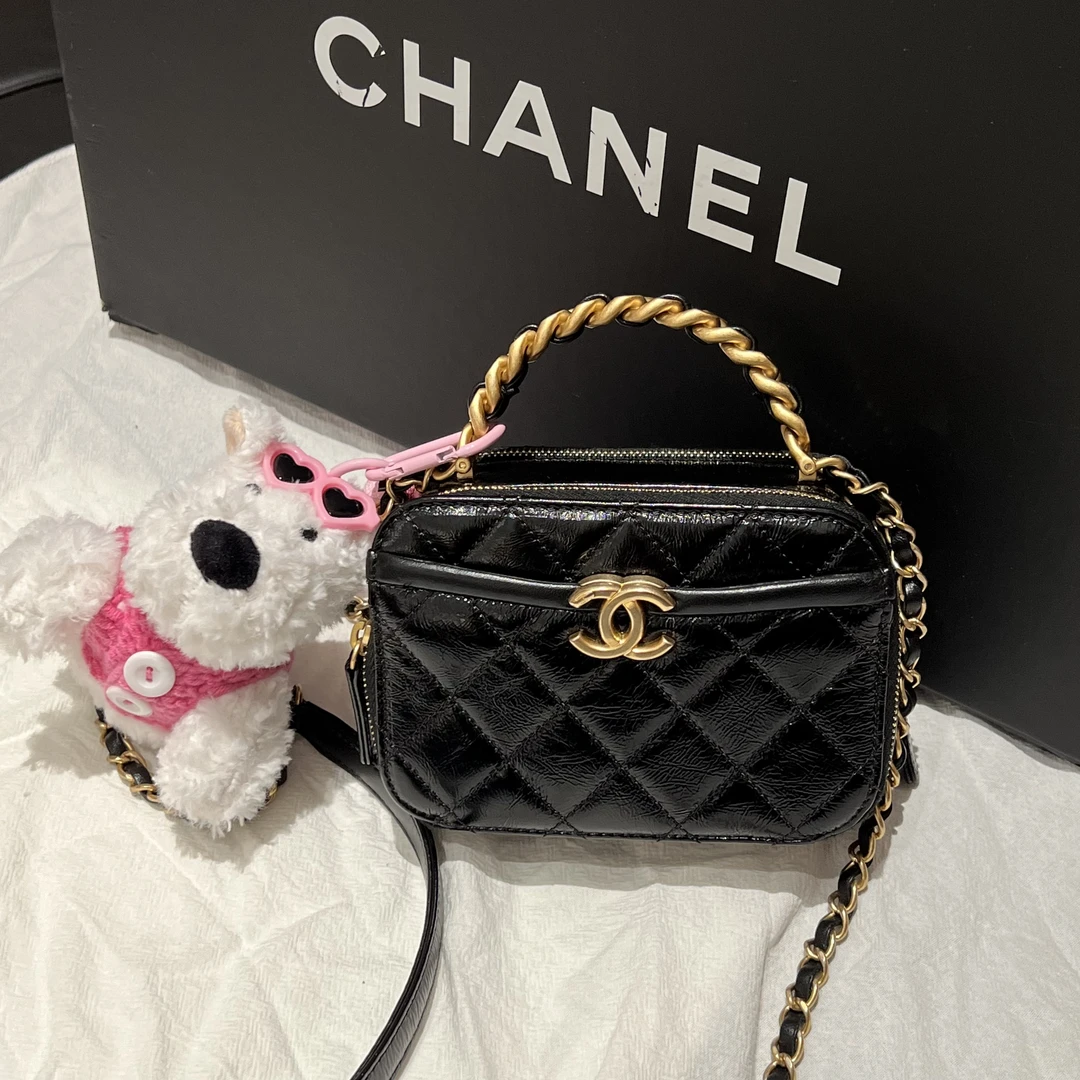 99新 Chanel/香奈儿 手柄相机包 黑金油蜡皮 复古30开