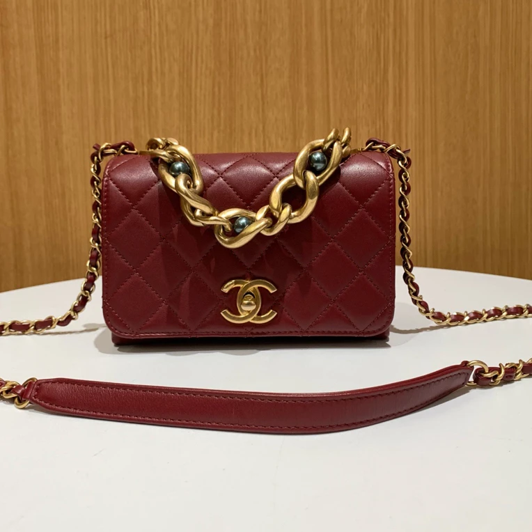 99新 Chanel/香奈儿 21A 风琴方胖子 链条包 酒红色牛皮芯片款
