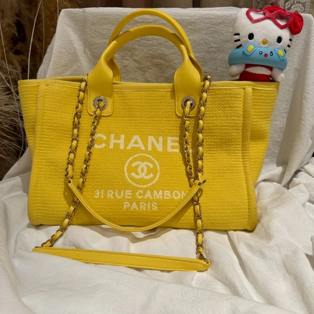 95新 Chanel/香奈儿 Chanel 23C 子母沙滩包 购物袋 黄色帆布拼皮