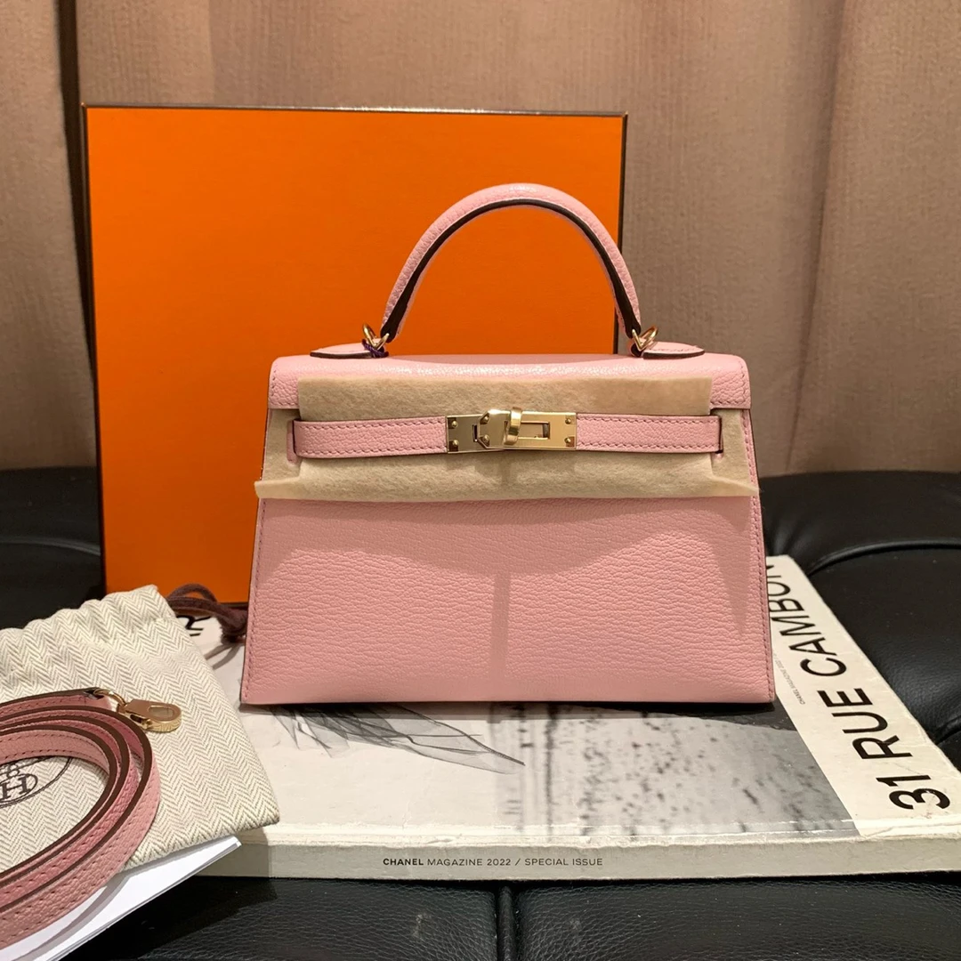 95新 Hermes/爱马仕 Hermes mini Kelly二代3Q樱花粉香槟金扣U刻