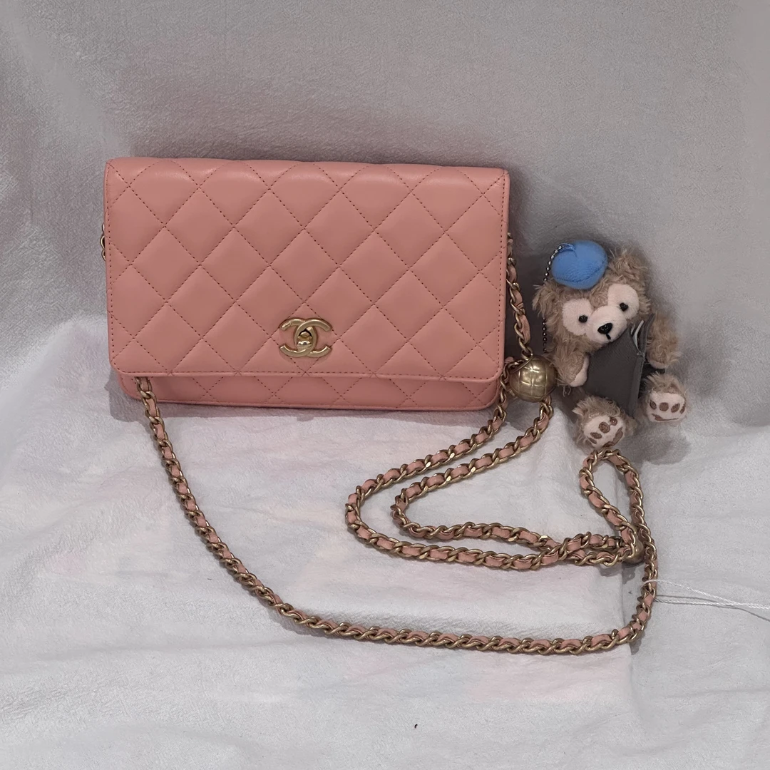 95新 Chanel/香奈儿 Chanel22C金球Woc链条包淡橘色羊皮菱格金扣