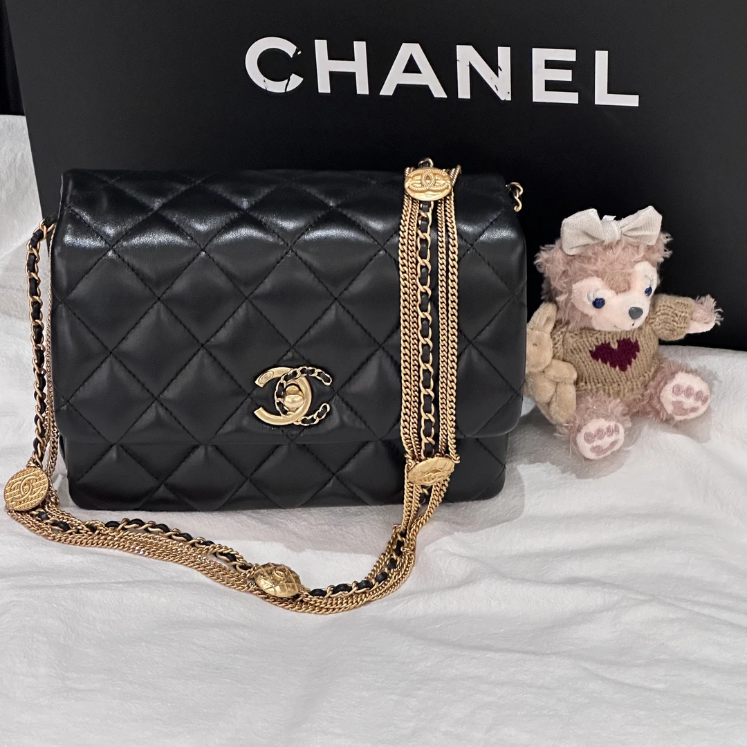 95新 Chanel/香奈儿 Chanel22A金币流苏链条包黑金鸳鸯扣