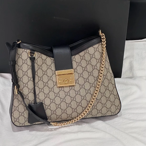 95新 GUCCI/古驰 Gucci Padlock系列中号单肩包黑金老花