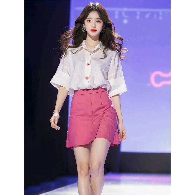 2024夏季茶系穿搭一整套洋气甜美减龄白色衬衫半身短裙两件套装女