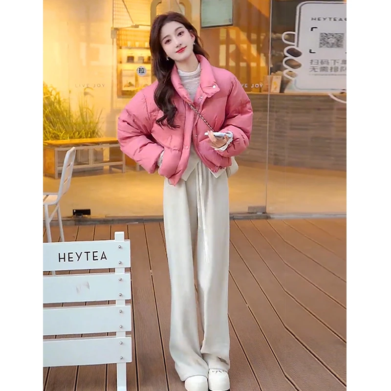 立领短款羽绒棉服棉衣女冬季小个子宽松加厚面包服两件套装