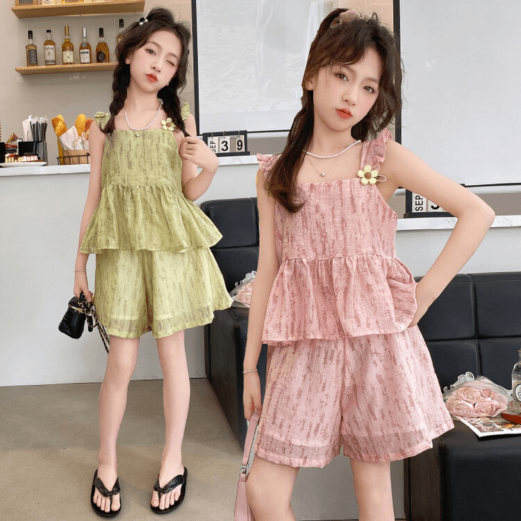 女童夏季吊带短裤套装2024新款中大童薄款两件套无袖时尚洋气网红