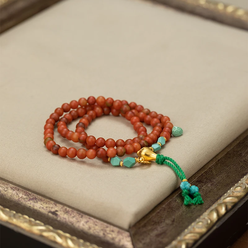 『乐小福珠宝』18K金南红多圈绿松手链5.6