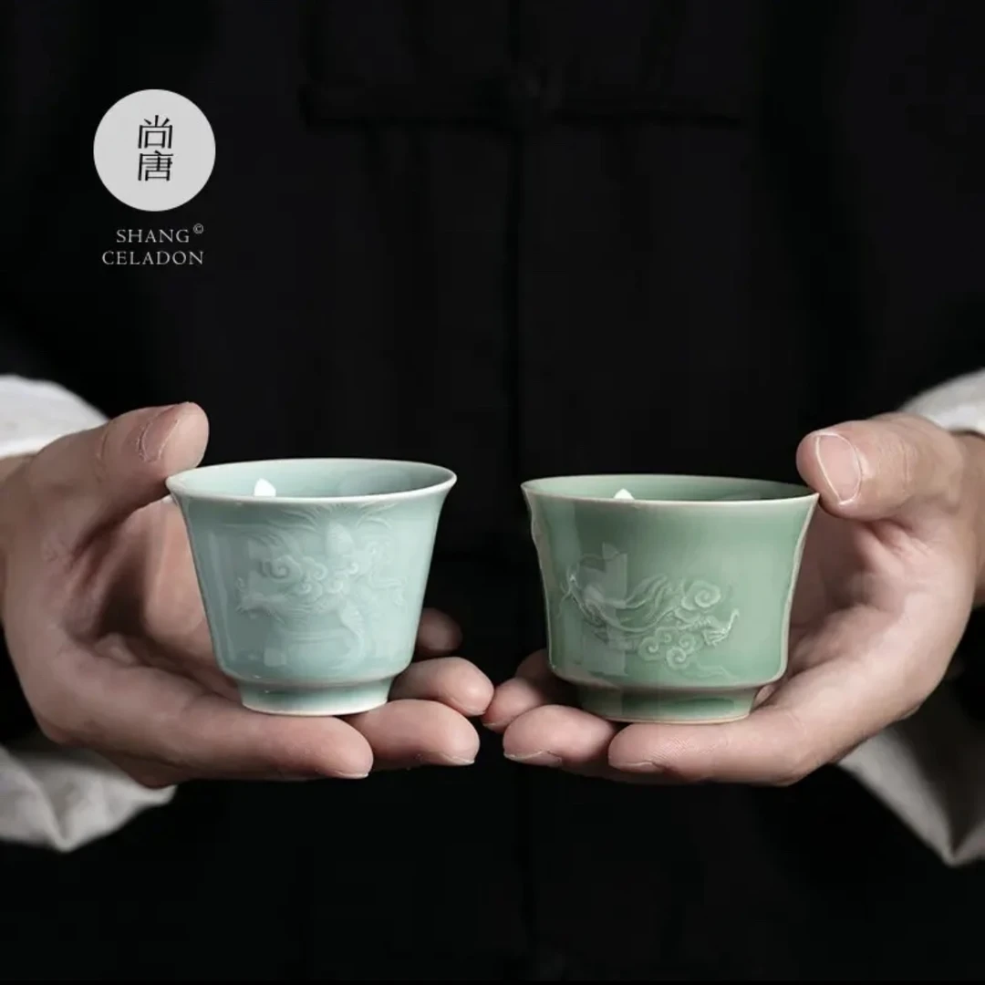 尚唐青瓷中式龙凤呈祥连理对杯功夫茶杯品茗杯高档礼盒装